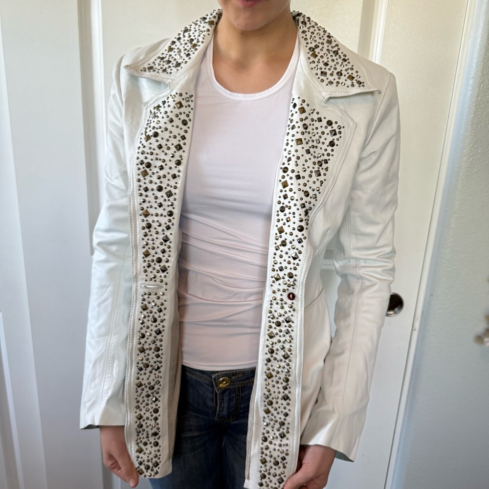 RARE Christiansen white leather STUDDED fitted coat blazer jacket 🤍 S M